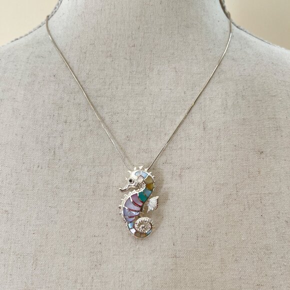 Nautical Beach Ocean Seahorse Shell Sterling Silver Pendant 18" Chain Necklace - Picture 3 of 6